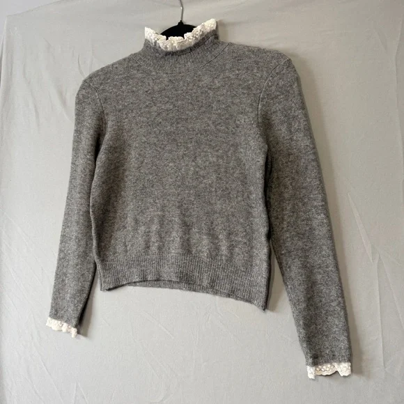 Zara Womens Mock Neck Lace Trim Knit Sweater Size S Grey Victorian Feminine 80s - Picture 3 of 6